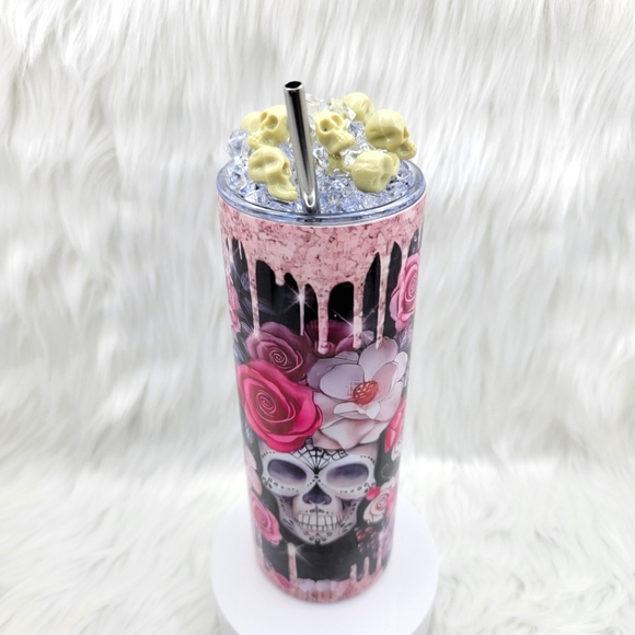Pink gothic skulls skinny tumbler drinking cup 20 Oz. with ice topper. - Picture 2 of 5